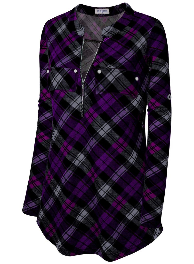 Bulotus Womens Tops Plus Size 3/4 Sleeve Tunics for Leggings, Black Purple Plaid, XX-Large - Image 3